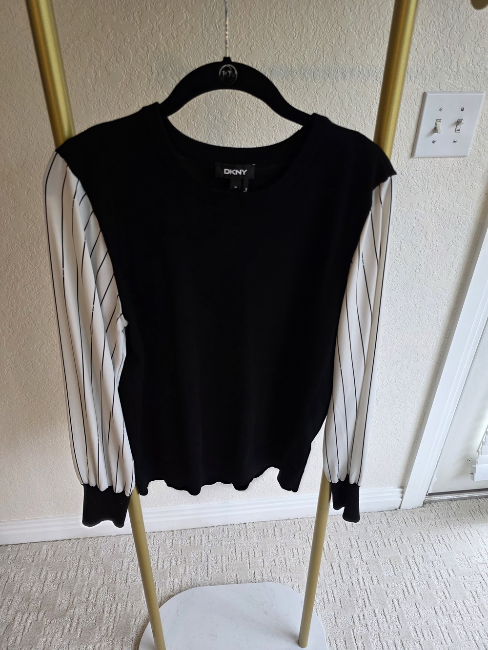 DKNY Black Knit Top with White Pinstripe Bishop Sleeves